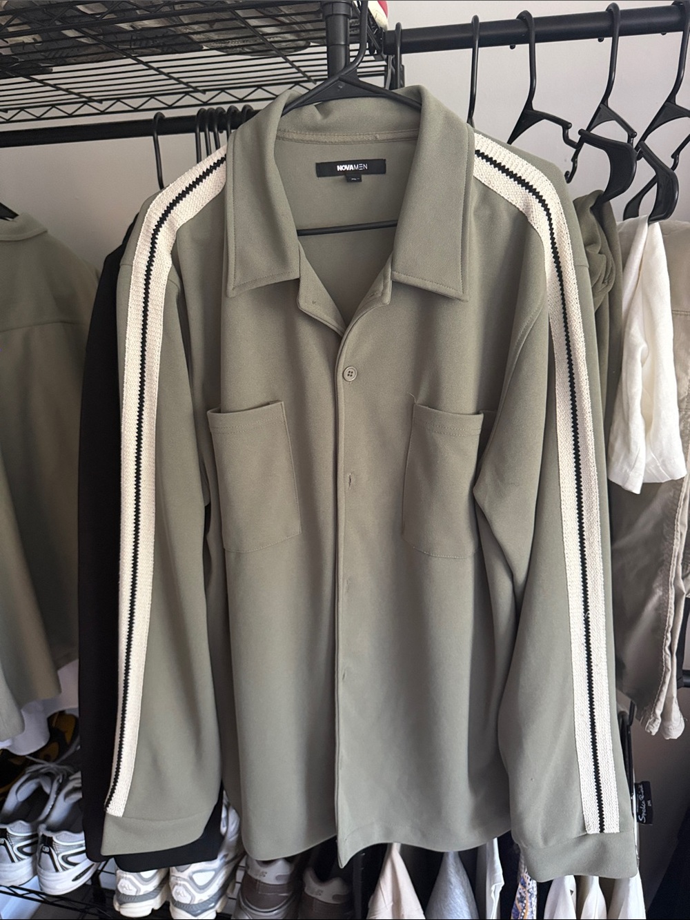 Fashion Nova Olive Green Button-Down Shirt with White & Black Sleeve Stripes